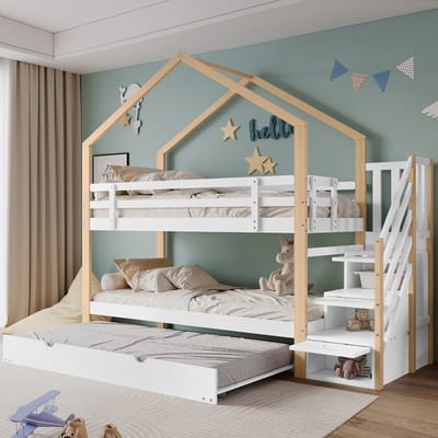 Stapelbed - Uitschuifbare boomhutbedden - Uitschuifbare bedden - met 3 lades - Kinderbed met valbeveiliging - Wit (90x200cm&90x190cm) zonder matras