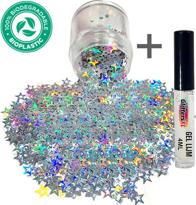 Chunky Glitters (Zilveren Sterren) + Glitter Huid Lijm [Volume 8g - Zilver Ster Festival Jewels Glitter Outfit Lichaam Gezicht - Diamond Dots Face Body - Diamantjes Strass Steentjes - Kinderen Volwassenen Dames Tattoo Mastix Schmink]