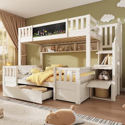 Stapelbed voor 3 kinderen, 90x200 & 140x200 cm, gemaakt van massief hout met krijtbord, opbergtrap, lades en ladderkast, stevig hoogslaper/stapelbed voor jongeren, wit