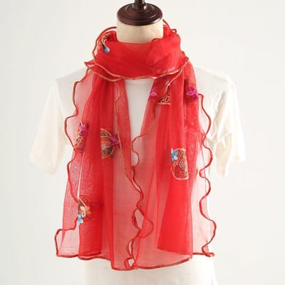 Écharpe longue brodée de style ethnique pour femme Écharpe avec bord à volants d'hiver pour une protection polyvalente du cou
