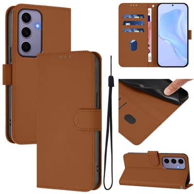 Telefoonhoesje van effen leer met een natuurlijke textuur en draagkoord voor Samsung Galaxy S24 5G (bruin).