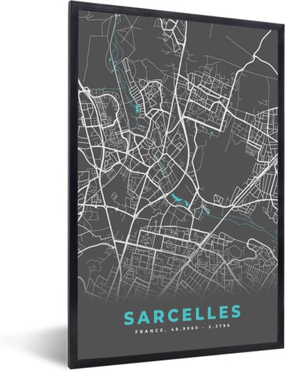 Fotolijst incl. Poster - Sarcelles - Frankrijk - Plattegrond - Kaart - Stadskaart - 40x60 cm - Posterlijst