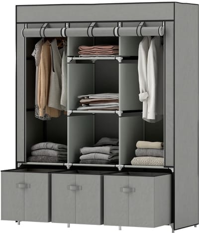Merax Stoffen Kledingkast met 2 Kledingroedes - Opvouwbare Opbergkast met 5 Legplanken en 3 Stoffen Opbergboxen - Met Rits en Klittenband - Lichtgrijs - 125x43x162,5 cm