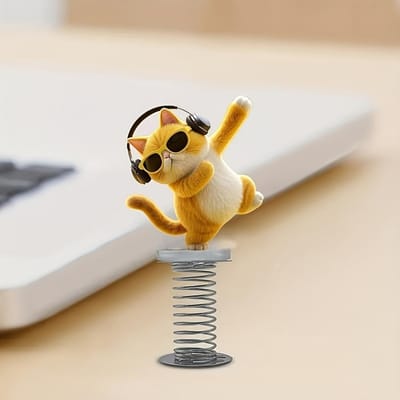 2D Vlak Acryl Dansende Kat met Koptelefoon – Schattig Auto Dashboard Veertje Beeldje, Leuk Cadeau voor Voertuig & Bureau Decoratie geel
