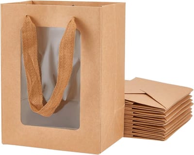 Dailygoods- Cadeauzakjes 10 Stuks - Kraftpapieren Zakjes 20 x 15 x 10 cm - Helder Venster - Sieraden Bewaren - Bruiloft - Valentijnsdag - Verpakkingszakjes