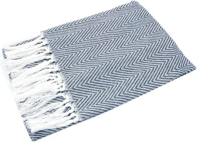 Set van 2 Katoenen Keukenhanddoeken met Golvende Strepen en Kwastjes, Perfect voor Handen, Gezicht en Keuken - Blauw, 15x24 Inch