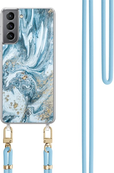 Casimoda® hoesje met lichtblauw koord - Geschikt voor Samsung S21 Plus - Marble Sea - Afneembaar koord - TPU/polycarbonaat - Blauw