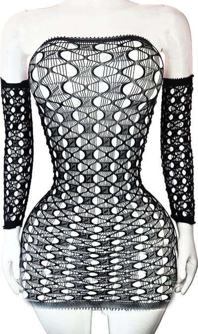 BamBella® - 2 delig set - Onesize - Erotische sexy nacht set Jurk handschoenenZwart doorzichtig kant - Super Stretch