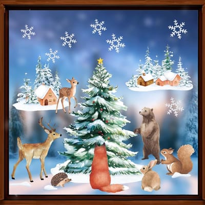 Dailygoods- Raamstickers Kerst - 6 Vellen met Dieren - Raamdecoratie - Waterverf - Glas-in-lood Effect - Niet Zelfklevend