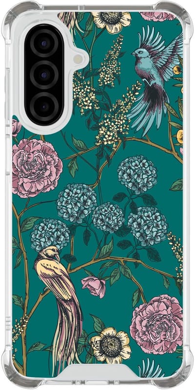 Hoesje (shockproof) geschikt voor Samsung Galaxy A26 - Vogels Japanse bloemen - Extra sterke case - TPU/polycarbonaat - Bloemen - Groen, Transparant