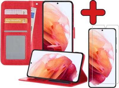 Hoesje - Met Screenprotector - Geschikt voor Samsung Galaxy S21 - Luxe Pasjeshouder - Flipcase - Bookcase Portemonee - Flip Case - Kunstleer Book Case - Book Cover - Walletcase - Portemonneehoes - Telefoonhoes - Rood