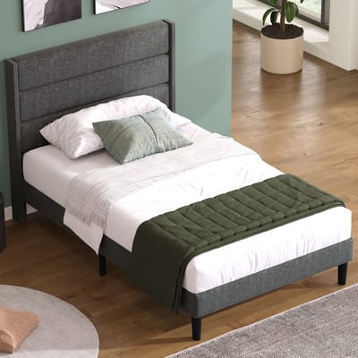DESMIU Gestoffeerd Bed 90x200cm – Eenpersoonsbed Met Hoofdbord En Lattenbodem – 7-Zone Matras Voor Ergonomische Ondersteuning – Onderbedruimte – Voor Slaapkamer En Jeugdkamer – Donkergrijs – Met Matras