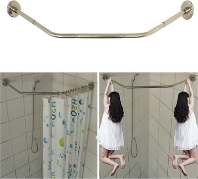 Famanu - L-vormige douchegordijnstang met plafondsteun, verstelbaar 61-134 × 61-134 cm, met 12 ringen