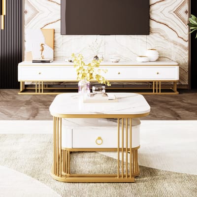 DESMIU Salontafel - Set Van Twee In Hoogglans Marmerlook - Met Lade En Gouden Accenten Voor Woonkamer - MDF - Wit - 60x60x45 En 50x50x34 Cm