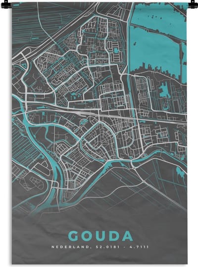 Wandkleed - Wanddoek - Stadskaart - Gouda - Grijs - Blauw - 90x135 cm - Wandtapijt - Plattegrond