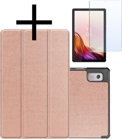 Hoes - Geschikt voor Lenovo Tab M9 - Met Screenprotector - Trifold Bookcase - Hard Cover - Hardcover Book Case - Tablet Hoesje - Rosé goud