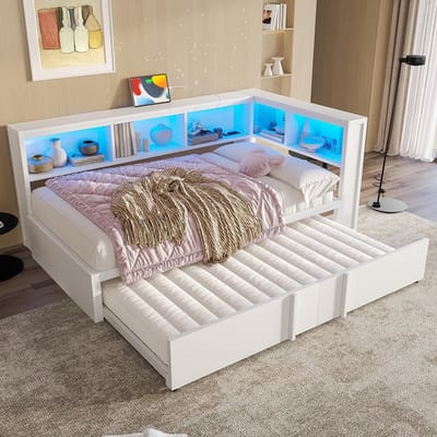 Pugsdrly Metalen dagbed, 90 x 200 cm, met uitschuifbaar bed, opbergkasten, ledverlichting en USB-poorten, wit