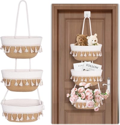 opbergmand voor wandmontage, woonkamer, slaapkamer, badkamer, opbergmand voor hangende kleding, opbergmand voor kamerplanten, decoratieve mand (3 etages)