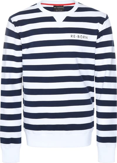 Re-Born - Sportkleding - Sporttrui - Sweater Streep - Trui ronde hals - Fitness - Tennis - Casual - Heren - Donkerblauw/Wit - Maat S