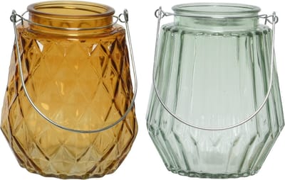 Set van 2x stuks theelichthouders/waxinelichthouders ruit/streep glas cognac/oranje en mistgroen met metalen handvat 11 x 13 cm