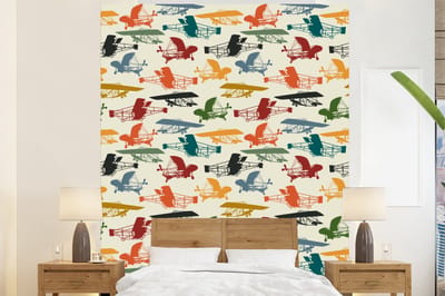 Behang - Fotobehang Patronen - Vliegtuig - Retro - Jongens - Kinderen - Kids - Jongetje - Breedte 225 cm x hoogte 280 cm