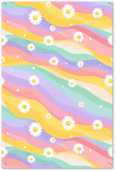 Tuinposter 80x120 cm - Tuindecoratie Madeliefjes - Kleurrijk - Pastel - Vrolijk - Poster voor in de tuin - Buiten decoratie - Schutting tuinschilderij - Tuindoek muurdecoratie - Wanddecoratie balkondoek