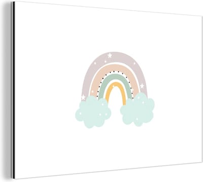 Wanddecoratie Metaal - Aluminium Schilderij Industrieel - Regenboog - Sterren - Stippen - Wolken - Kinderen - 150x100 cm - Dibond - Foto op aluminium - Industriële muurdecoratie - Voor de woonkamer/slaapkamer