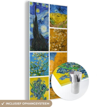 MuchoWow® Glasschilderij 20x40 cm - Schilderij acrylglas - Van Gogh - Collage - Oude Meesters - Foto op glas - Schilderijen