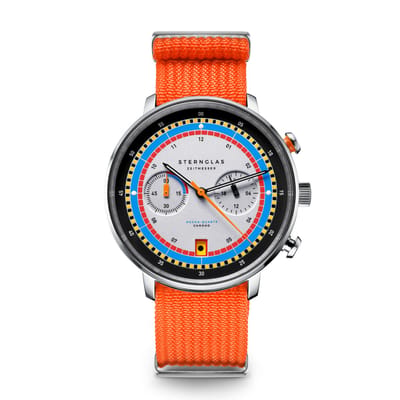 Sternglas S01-HC36-FI02 HAMBURG Heren Horloge - Saffierglas - Staal/Kunstleer - Zilverkleurig/Oranje - Ø 42 mm - Quartz - Gesp - 5 ATM (douchen)