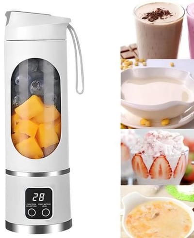 Draagbare blender met USB-aansluiting, geschikt voor het maken van smoothies en crèmes, voorzien van 12 vlijmscherpe messen, een compacte mengbeker van 450 ml en een sapcentrifugefunctie, wit.