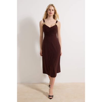 Platte, mouwloze midi-jurk voor dames, geschikt voor overdag en 's avonds. Nauwsluitende bodycon-jurk.