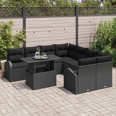 vidaXL Tuinbank Set met kussen met opslag 9 pcs Zwart Poly Riet