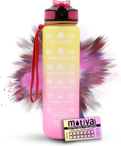 Motivai Motivatie Waterfles - Geel/Roze - Inclusief Extra Afsluitklepje - 1 Liter - Motiverende Drinkfles met Rietje - BPA Vrij - Met Motivai Hydration Challenge