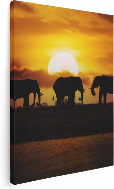 Artaza Canvas Schilderij Olifanten Kudde - 30x40 cm - Klein - Wanddecoratie Afrikaanse Dieren - Muurdecoratie Zonsondergang - Kamer Accessoires Woonkamer