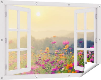 Gards Tuinposter Doorkijk Bloemenveld met Kosmos - Zonsondergang - 120x80 cm - Tuindoek - Tuindecoratie - Wanddecoratie buiten - Tuinschilderij