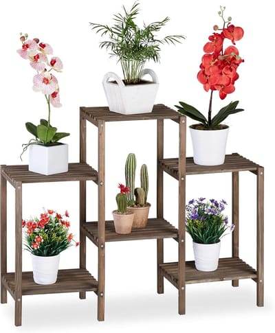Famanu – Houten plantenrek in shabby look, staand met 6 etages voor binnen, afmetingen 70x89x27 cm, bruin decoratief