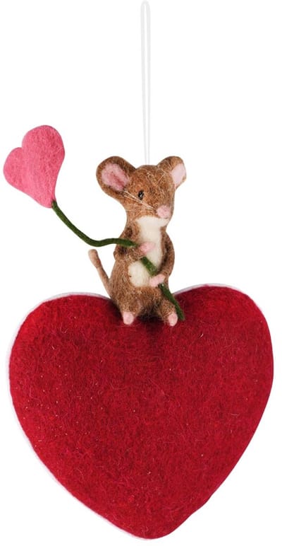 Dekoratief | Hanger hart m/muisje, rood, stof, 19x7x32cm | A260075