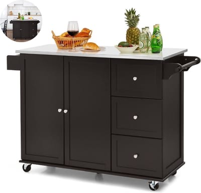 Keukeneiland - Verplaatsbaar - Keukenkast - Dressoir - Organizer - Kasten - Houten Werkblad - 2 Deuren - Bruin