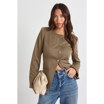 boohoo Dames Gouden accenten kraagloze getailleerde blazer | Kaki | Maat: 36