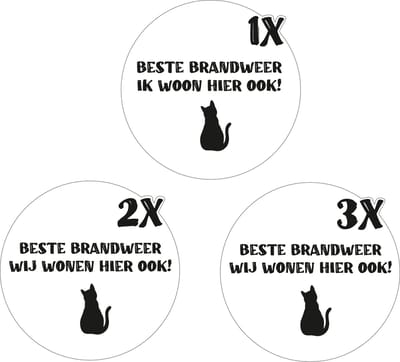 Raamstickers - Huisdier - Brandweer - Stickers brandweer wij wonen hier ook - Sticker hier zijn katten aanwezig - Red mijn huisdier - 1 Kat - 2 Katten - 3 Katten - 8,5 x 8,5 cm - wit - zwart