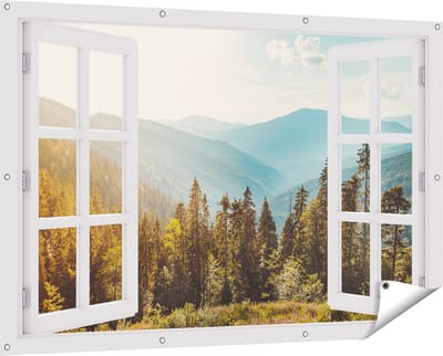 Gards Tuinposter Doorkijk Bos met Bomen in de Hoge Bergen - 150x100 cm - Tuindoek - Tuindecoratie - Wanddecoratie buiten - Tuinschilderij