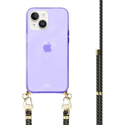 xoxo Wildhearts silicone case met koord - Paars telefoonhoesje met koord - telefoonketting - Gold Goddess - Cord Case - geschikt voor Apple iPhone 15 - Zwart koord met gouden accenten