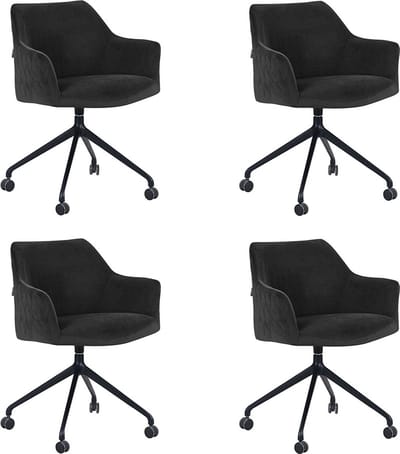 Bronx71® Eetkamerstoel met wieltjes Quinn zwart velvet - Eetkamerstoelen set van 4 - stoel