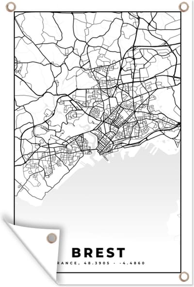Muurdecoratie Stadskaart - Plattegrond - Kaart - Frankrijk - Brest - Zwart wit - 120x180 cm - Tuinposter - Tuindoek