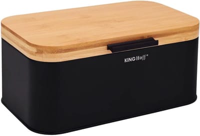 Broodtrommel Staal - Brooddoos Keuken - Brood Bewaren - Bamboe Deksel - 30 cm Breed - Zwart