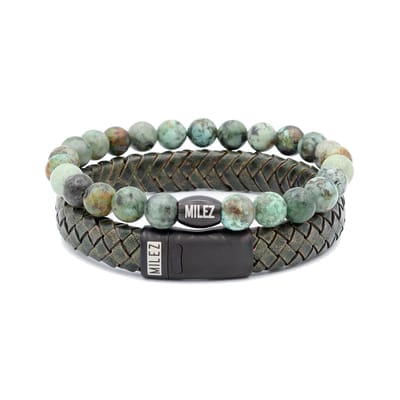 Milez - Armband set mannen - armband heren leer kralen - Groen - Maat S