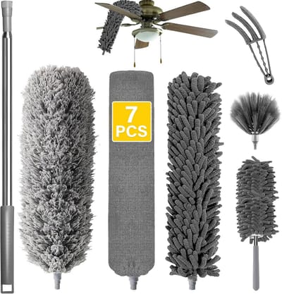 7 Delige Telescoopstoffer Set - Microvezel, Uitbreidbaar 37-232 cm, Wasbaar, voor Plafondventilatoren, Hoge Plafonds, Jaloezieën - Grijs