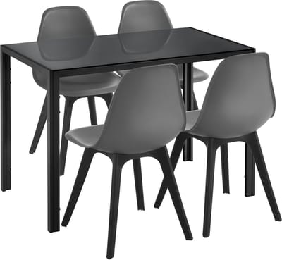 Eethoek Delft glazen eettafel met 4 stoelen zwart en grijs