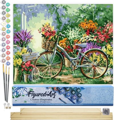 Figured'Art Schilderen op Nummer Volwassenen canvas Bloemen en fietsen - Handwerk acrylverf Kit DIY Compleet - 40x50cm met DIY houten lijst
