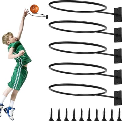 Allecto Plus - Wandhouder voor 5 sportballen - Zwart metalen balrek voor basketbal, voetbal, volleybal - Inclusief schroeven - Opbergdisplay